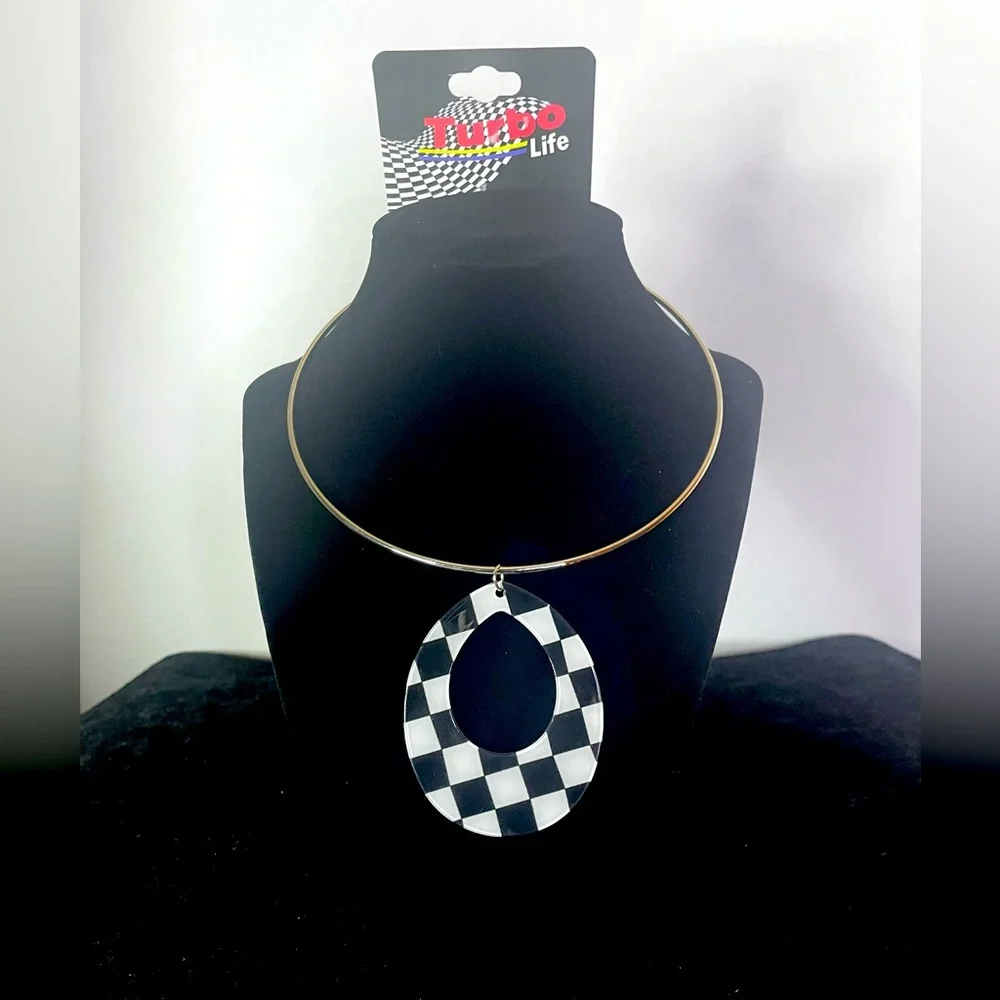 Turbo Life Cuff Choker Earring Set B&W Checkered Lg Teardrop Acrylic Silver NWT